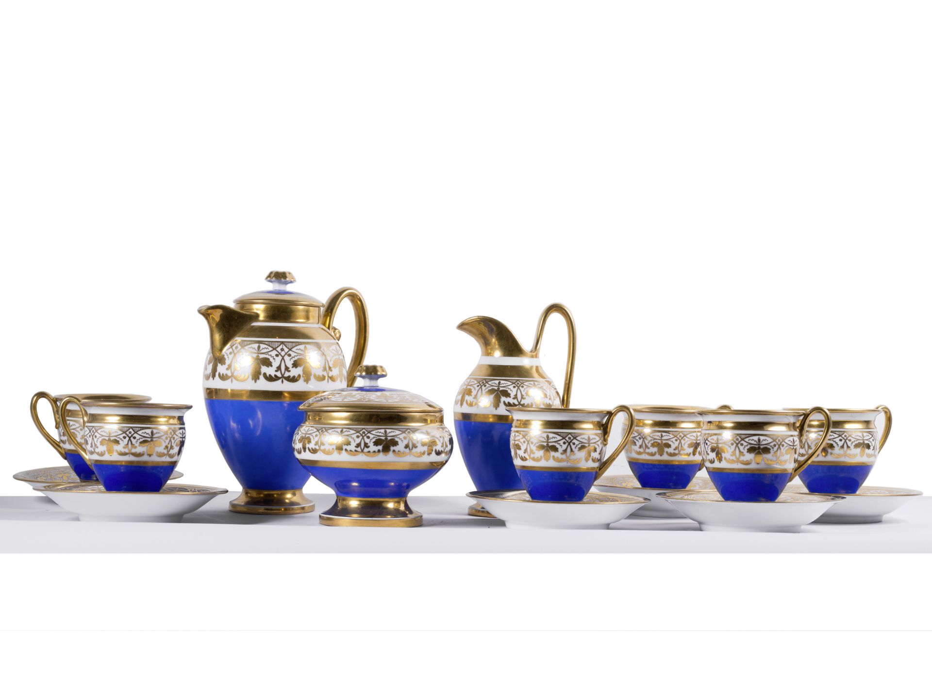 Biedermeier Kaffeeservice für 6 Personen, Um 1830/40, Weißes Porzellan mit Blau- & Golddekor - Bild 2 aus 10