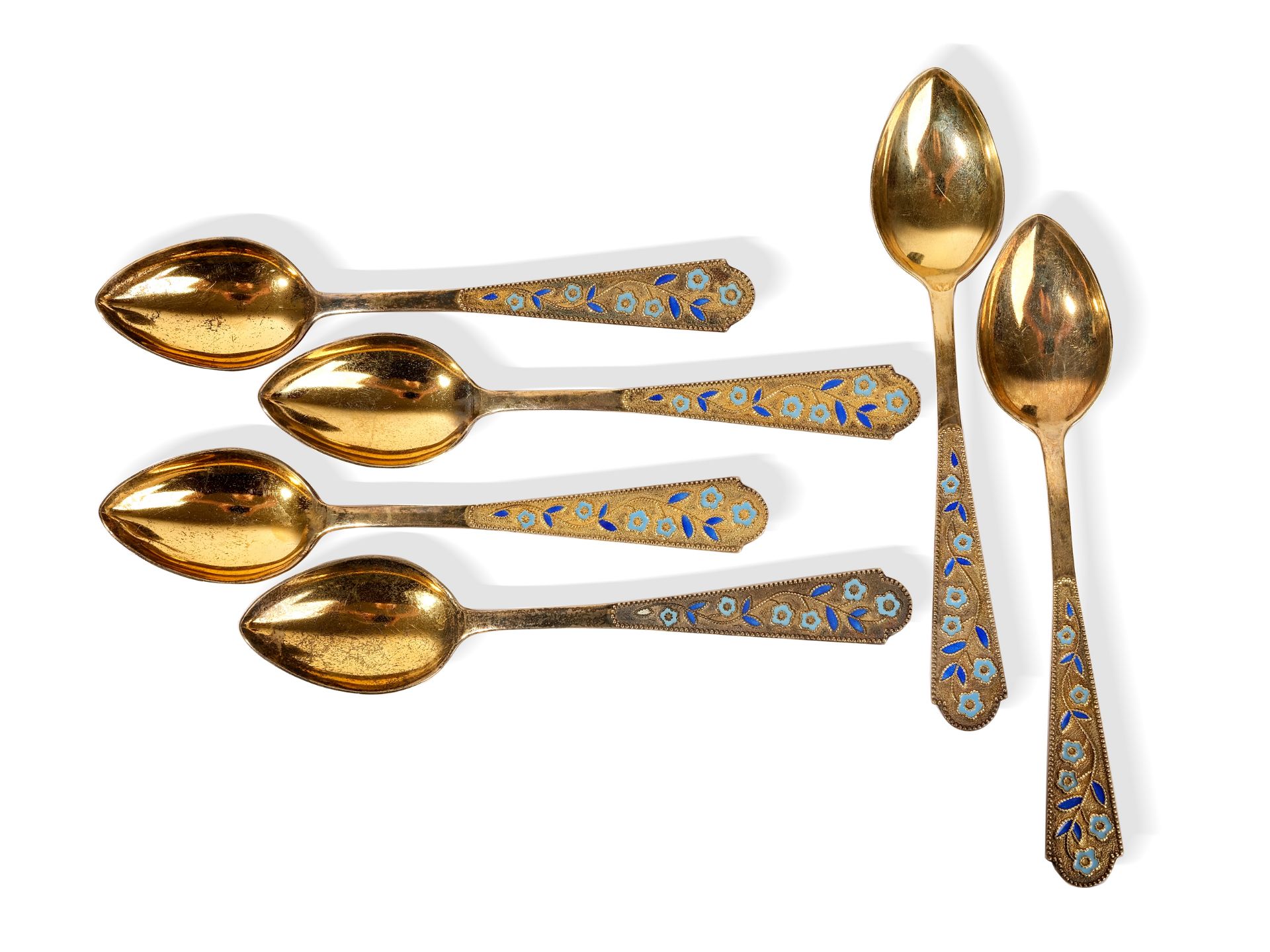 Six silver spoons decorated with enamel, 
Ca. 1900, 
Marked