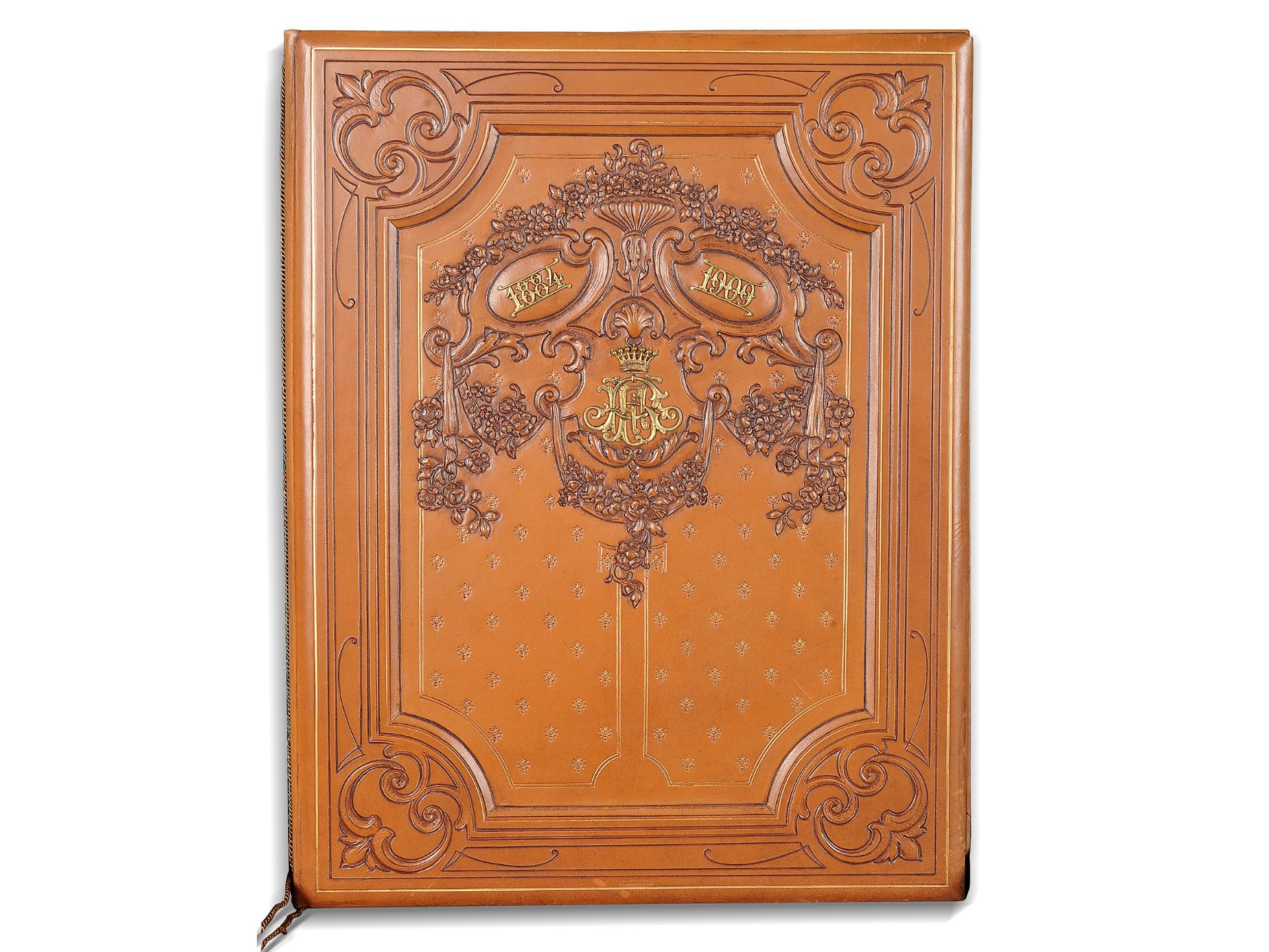 Elegant document folder, 
1909, 
Leather, embossed in relief, with brass applications - Image 2 of 5