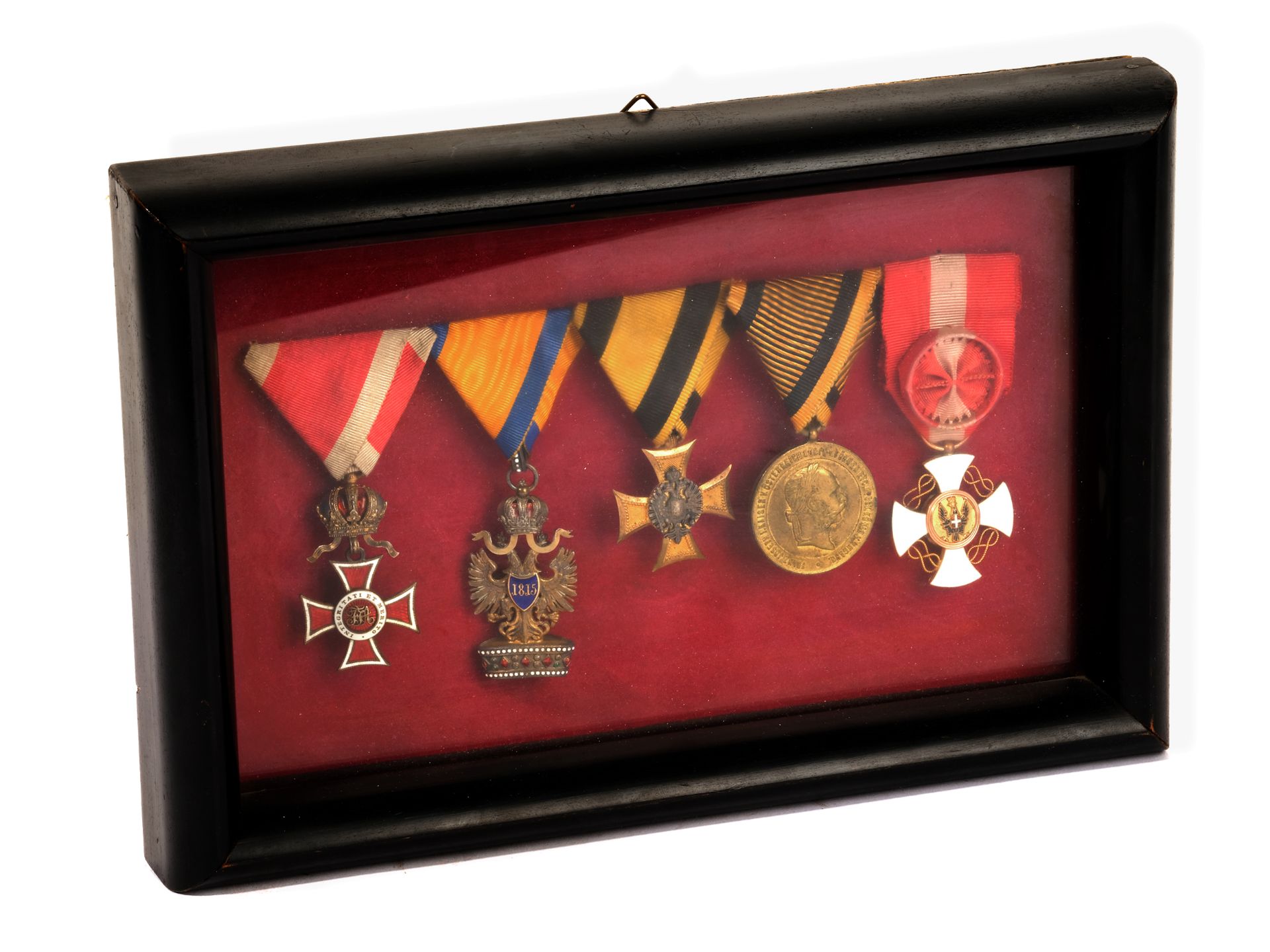Five medals k. u. k. Monarchy, In a small glass box, Described on the reverse side