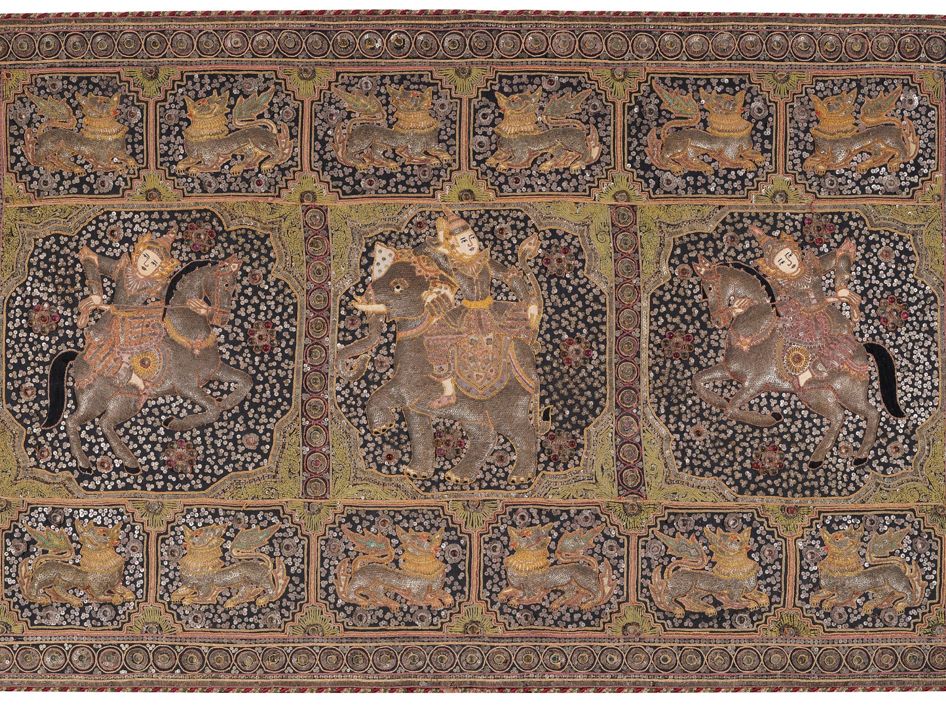 Thailand, 
Ca. 1950, 
Sequin embroidery in relief