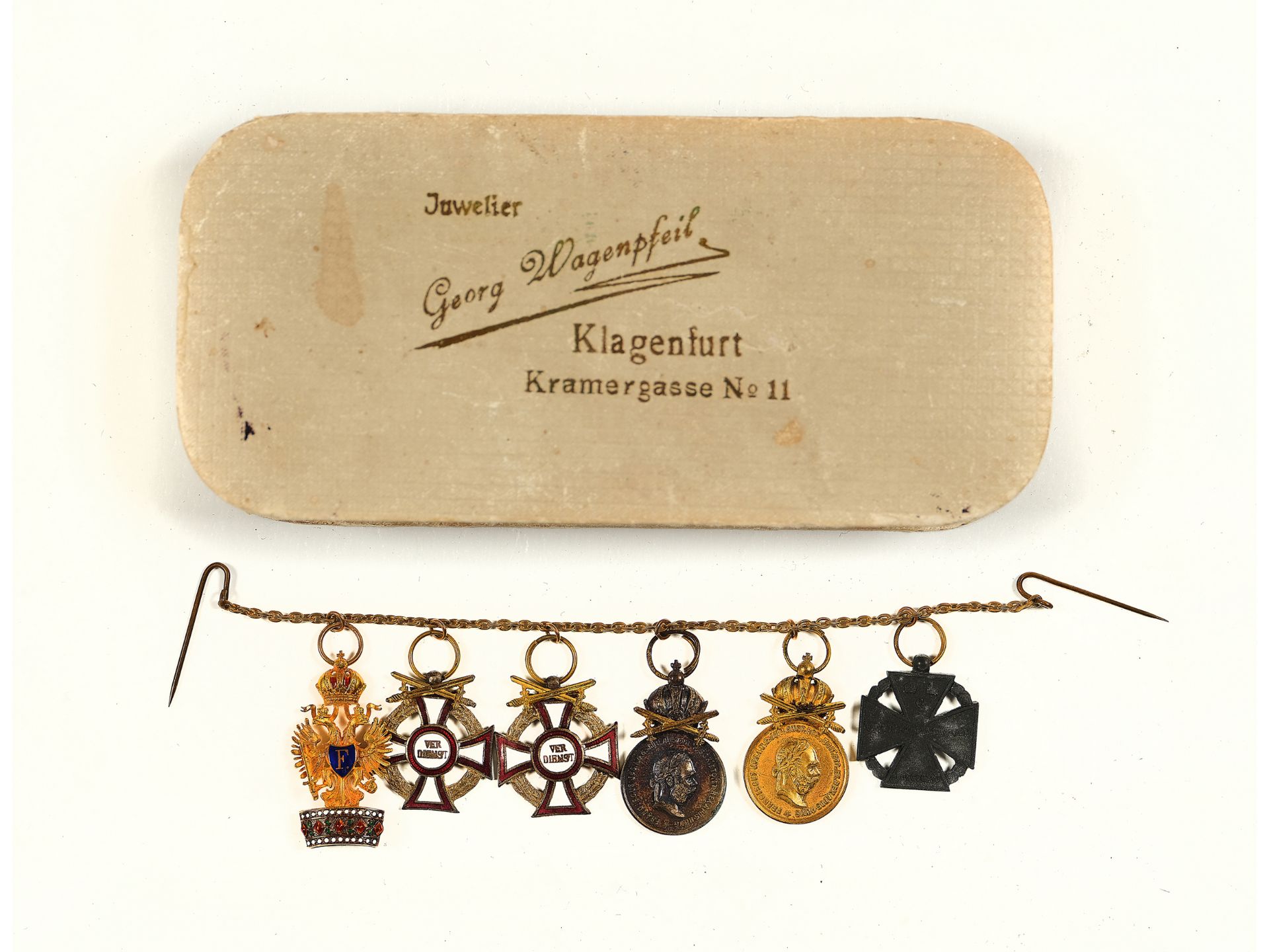 Six medals Kaiser Franz Josef I, 
On a chain, 
Ca. 1900