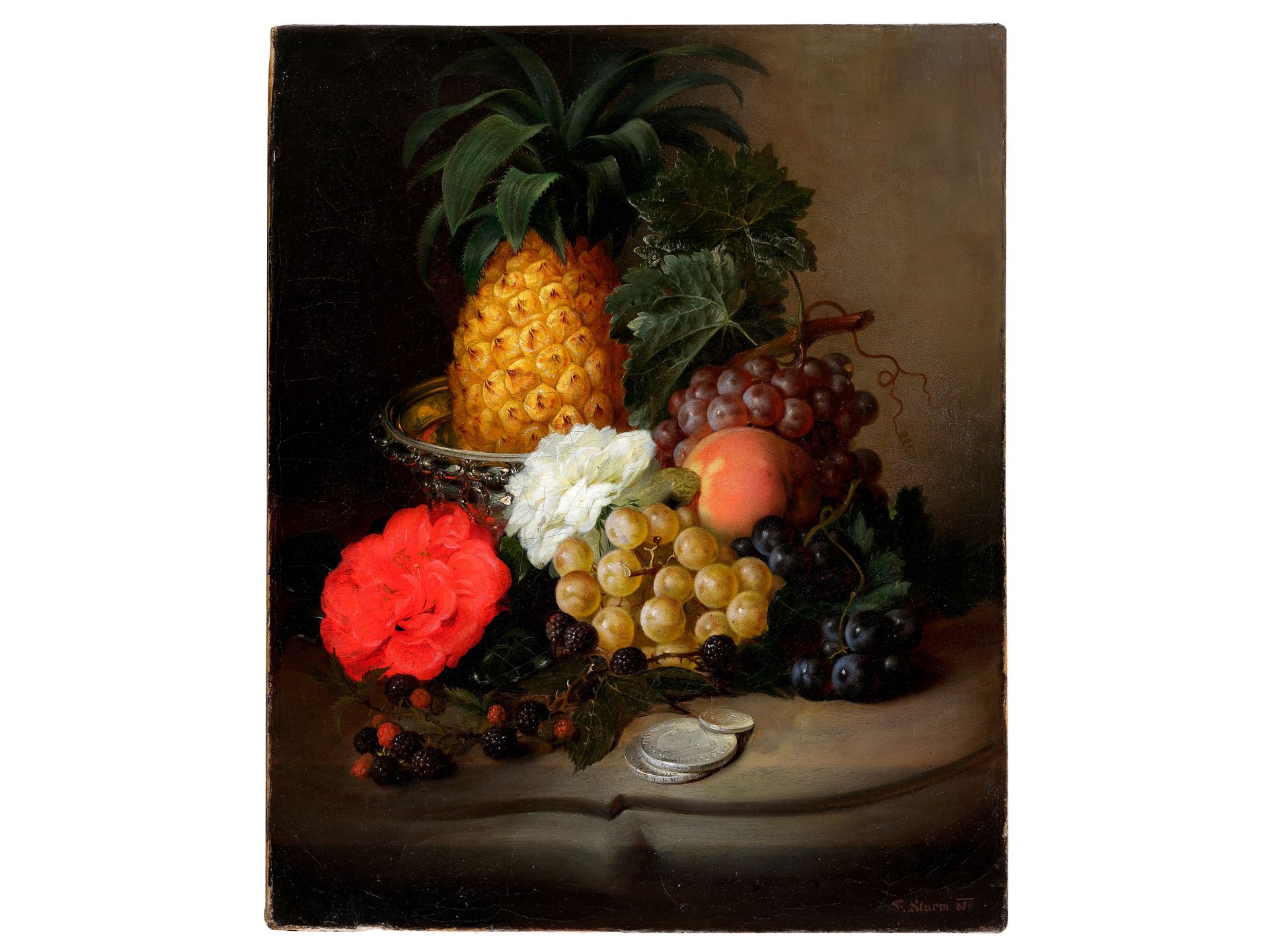 Friedrich Sturm, 
Vienna 1822 - 1898 Weissenbach, 
Still life with pineapple, fruits, rose & silver 