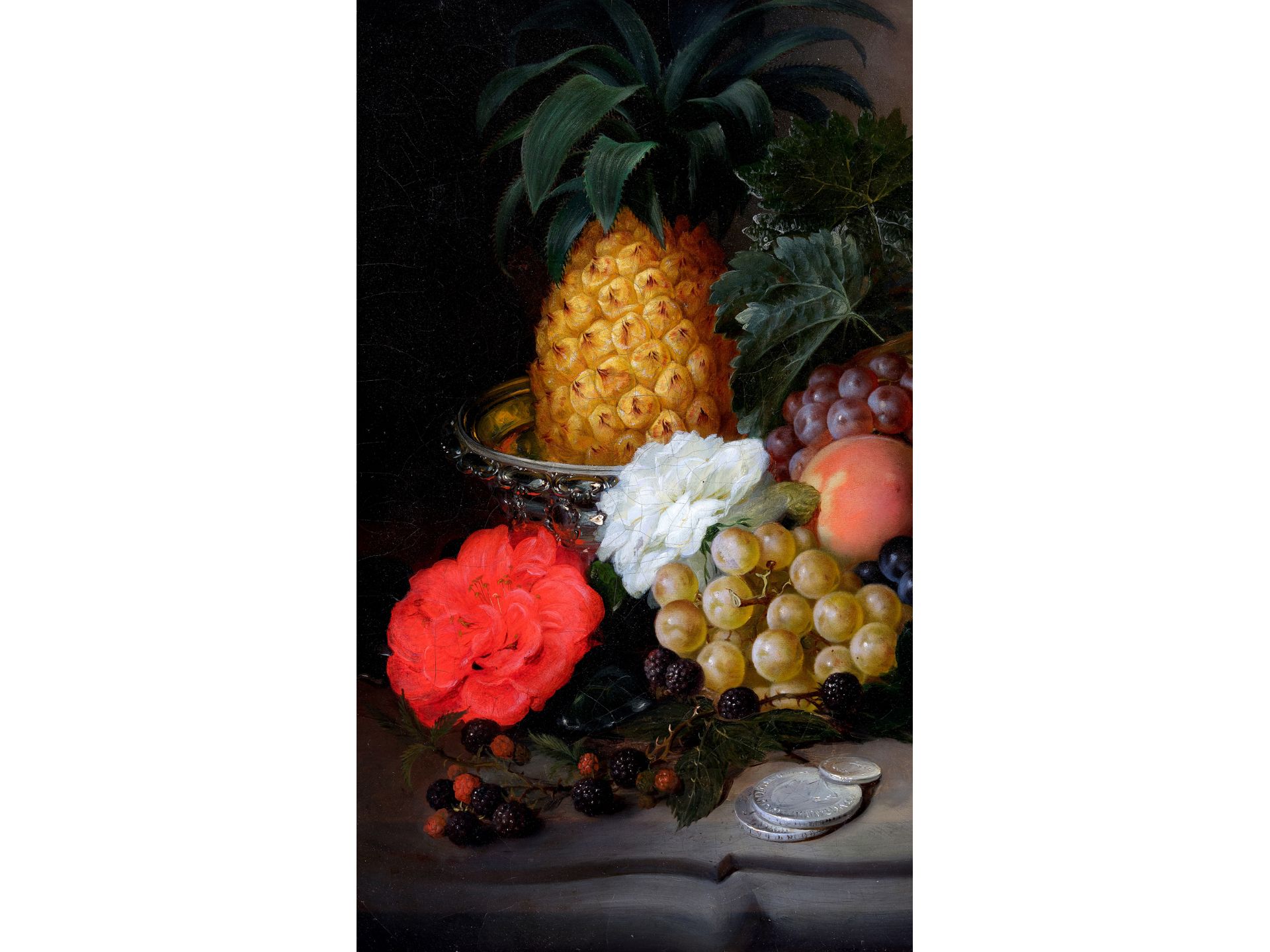 Friedrich Sturm, 
Vienna 1822 - 1898 Weissenbach, 
Still life with pineapple, fruits, rose & silver  - Image 2 of 5