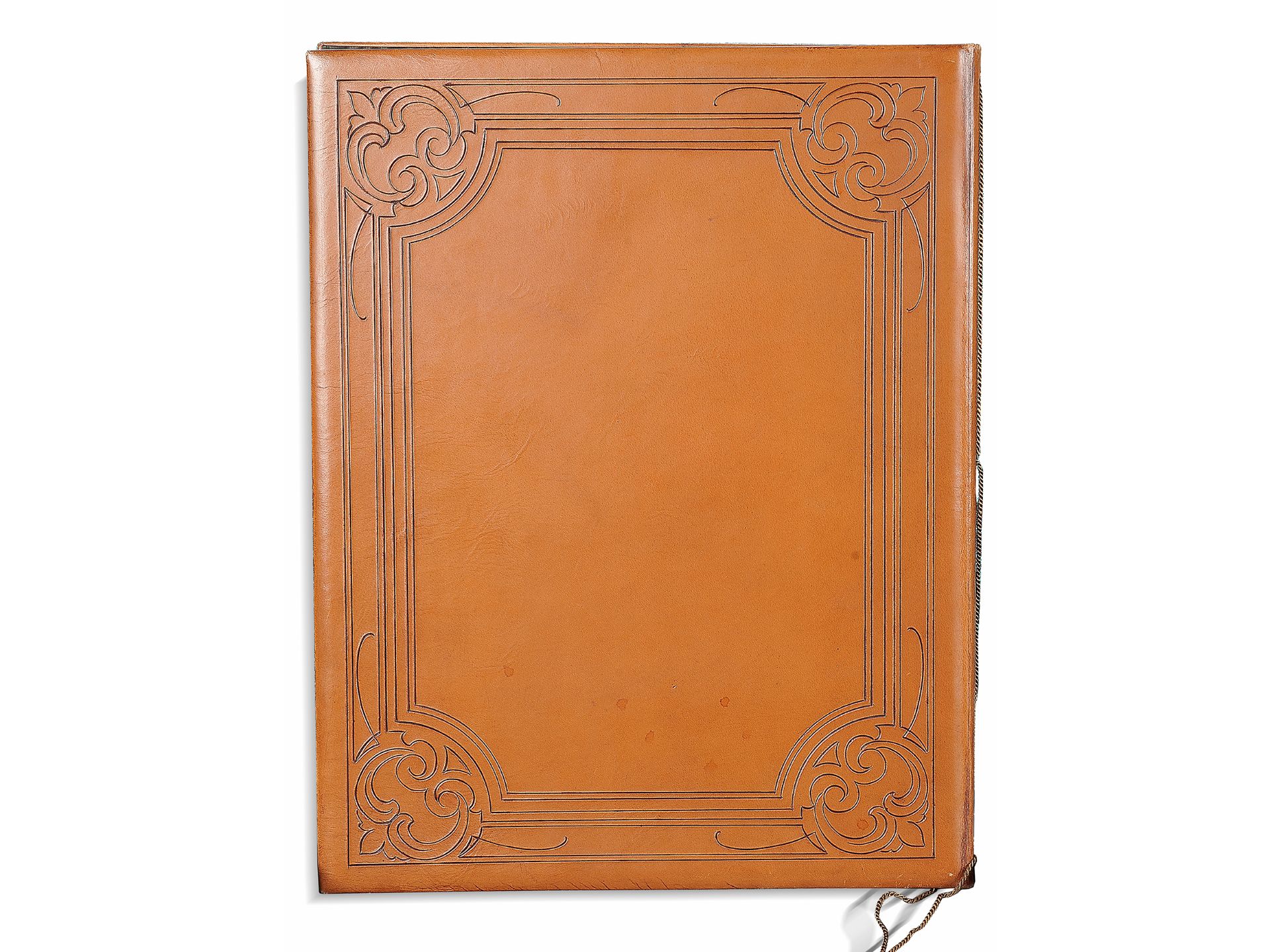 Elegant document folder, 
1909, 
Leather, embossed in relief, with brass applications - Image 4 of 5