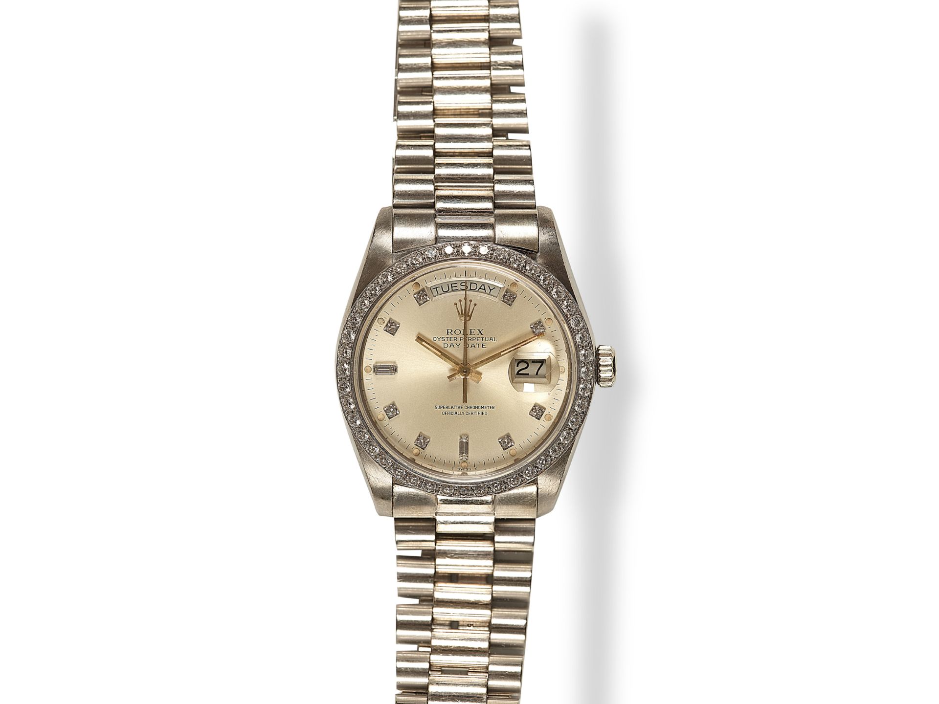 Rolex Oyster Perpetual Day Date, White gold, 18 carat, With diamond bezel