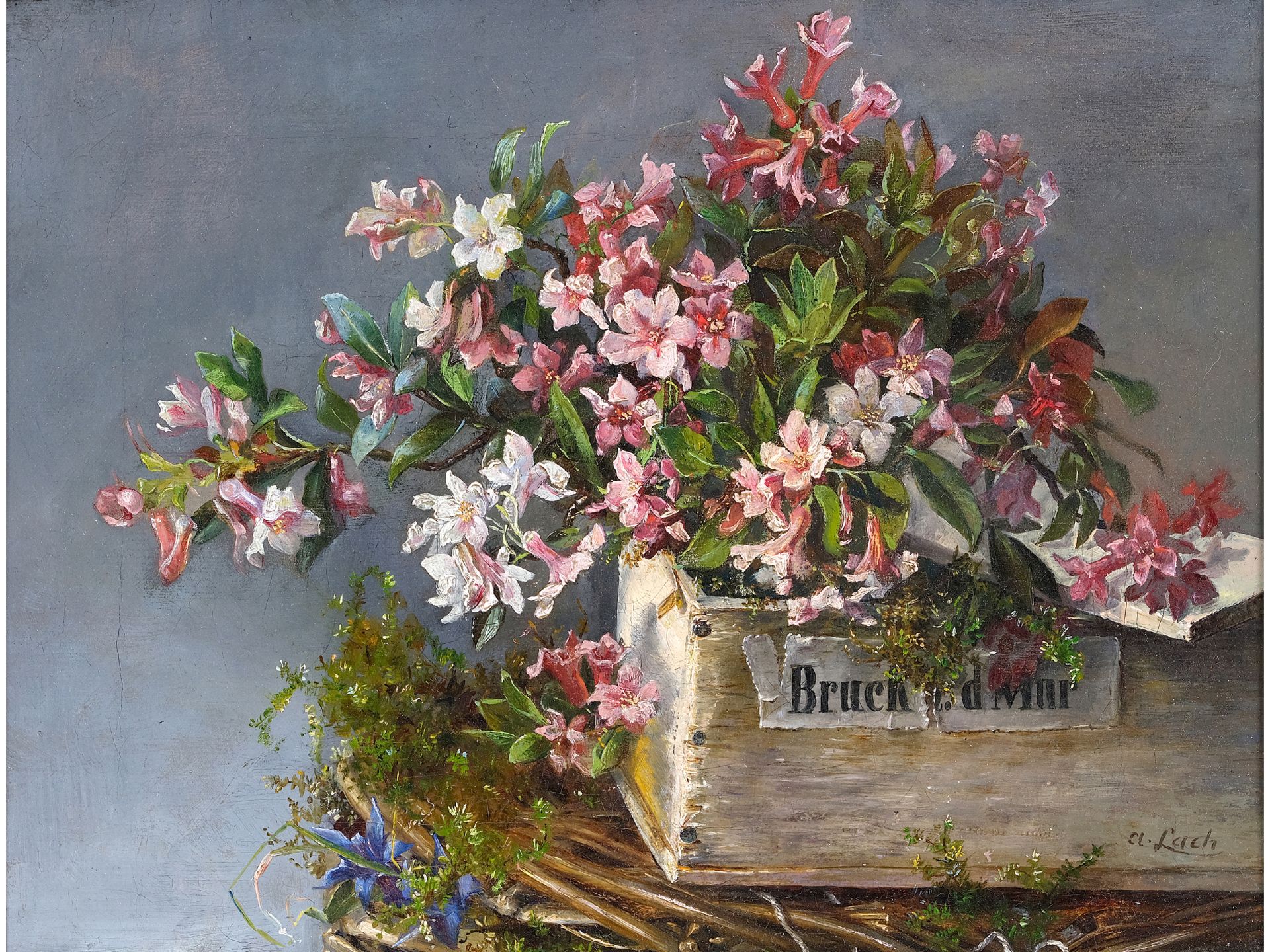 Andreas Lach, 
Eisgrub 1817 - 1882 Vienna, attributed, 
Bouquet in wooden box