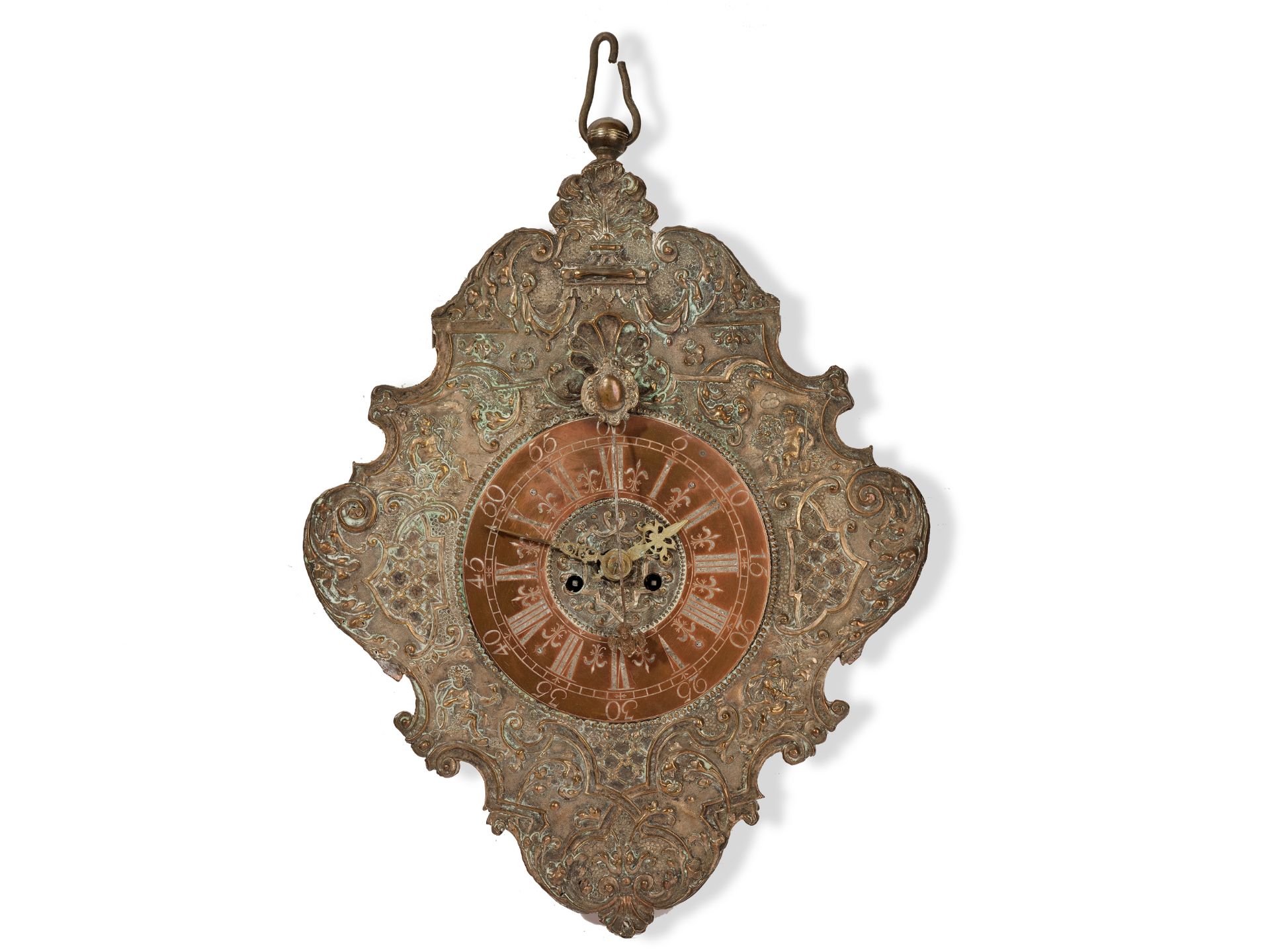 Baroque plate clock, 
Ca. 1750, 
Brass movement