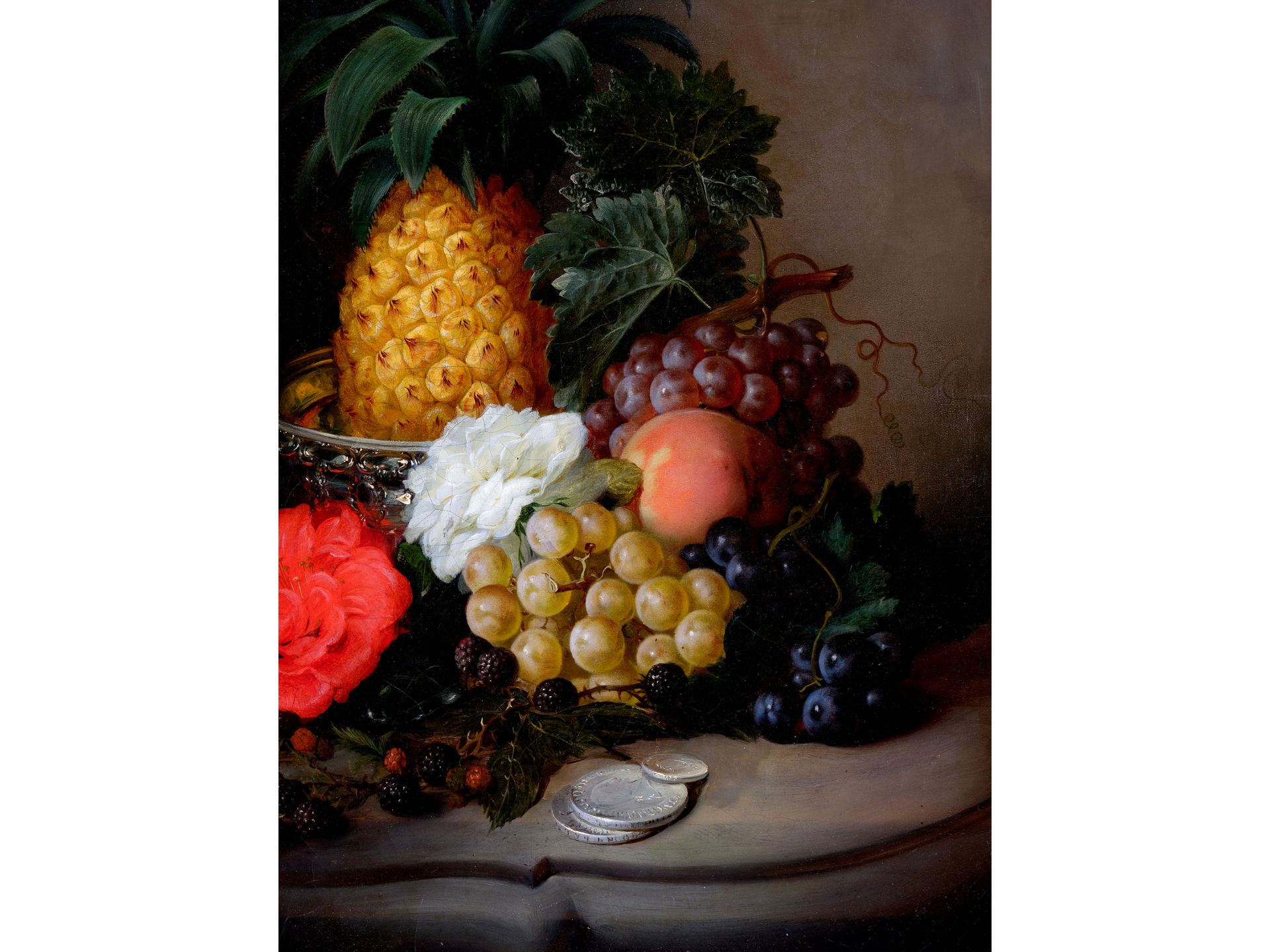 Friedrich Sturm, 
Vienna 1822 - 1898 Weissenbach, 
Still life with pineapple, fruits, rose & silver  - Image 3 of 5