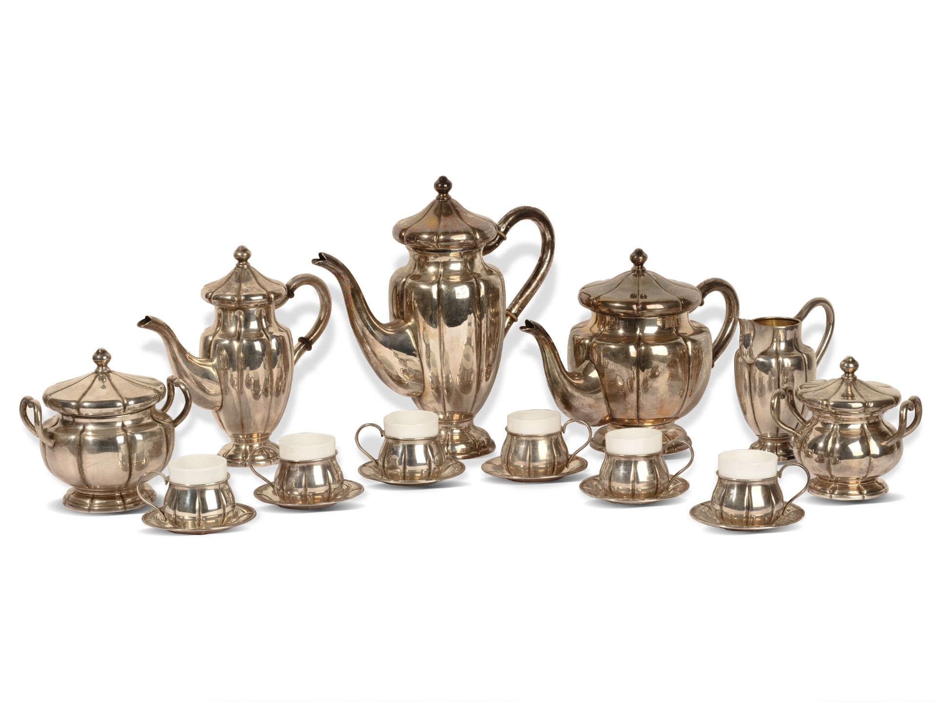 Coffee, Tea & Mocha Service, 
Ca. 1910/20, 
Silver & Porcelain