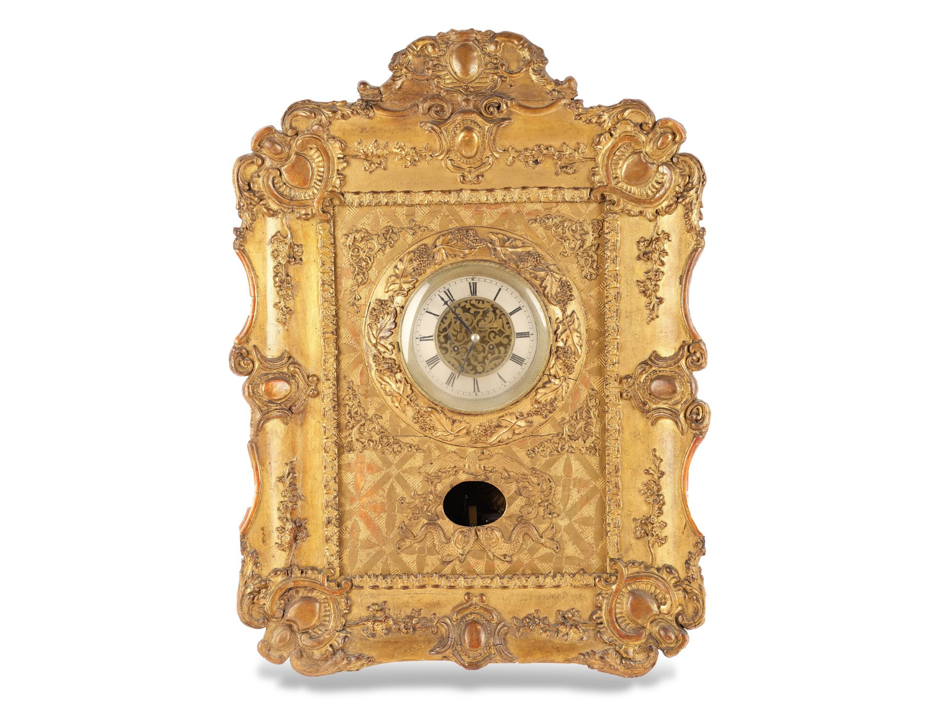 Biedermeier frame clock with musical mechanism, Around 1840/50, Wooden case decorated with relief