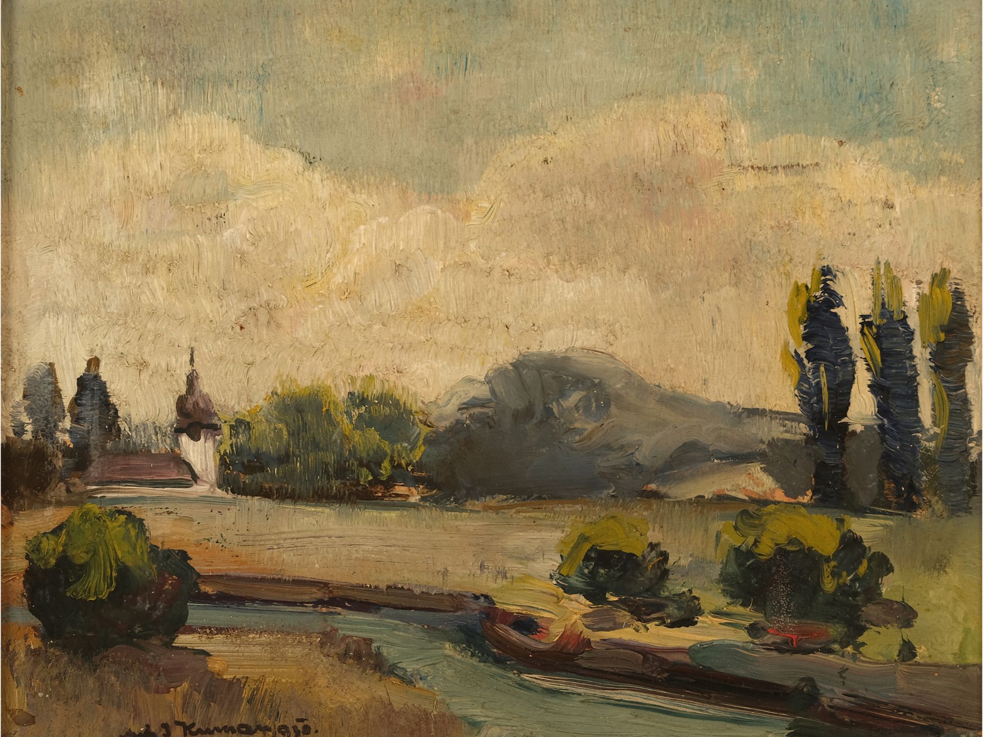 Tschechischer Maler, Tschechische Landschaft, Öl auf Karton 