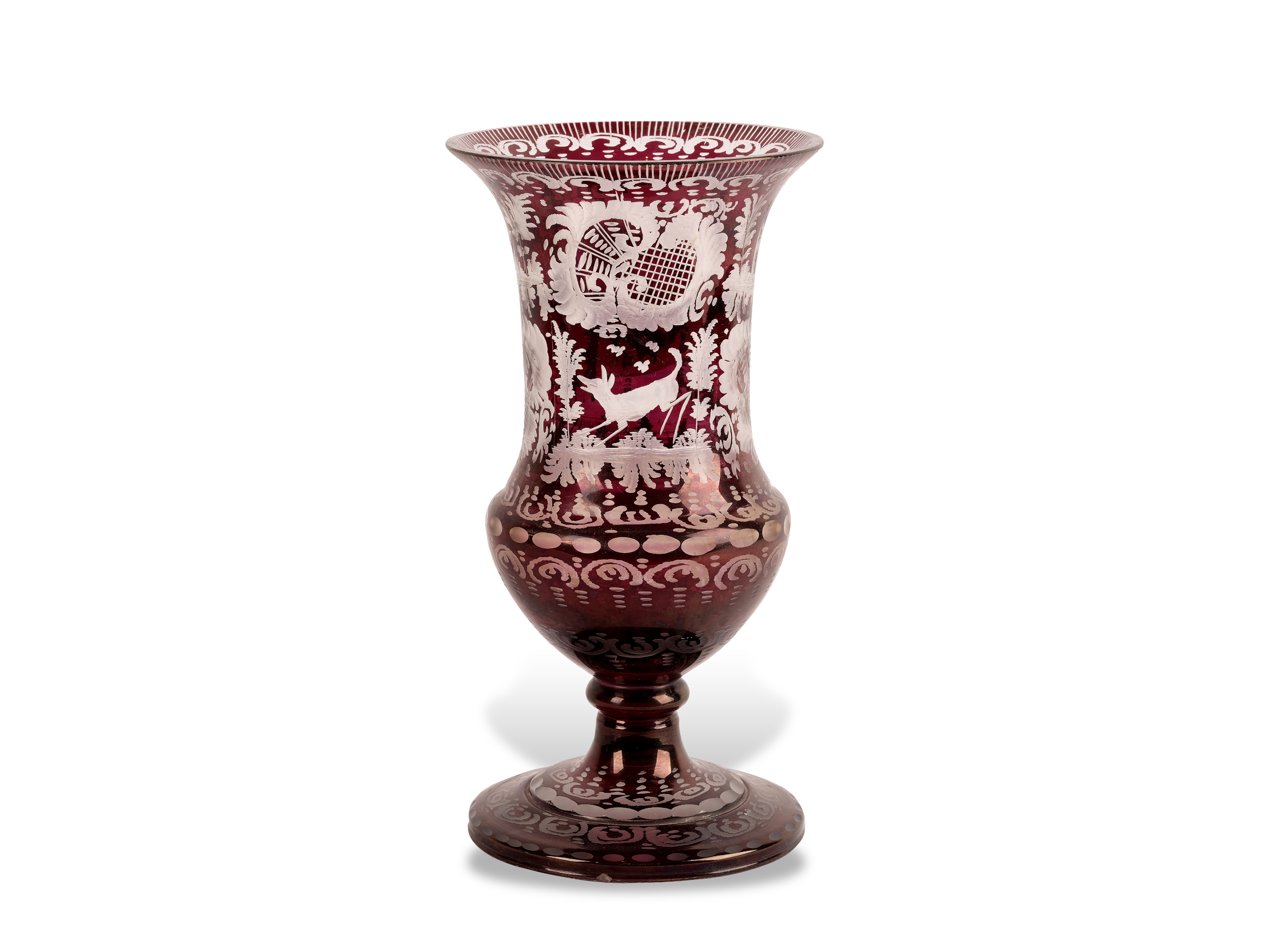 Crater shape glass vase, 19th century, White glass overlaid with red