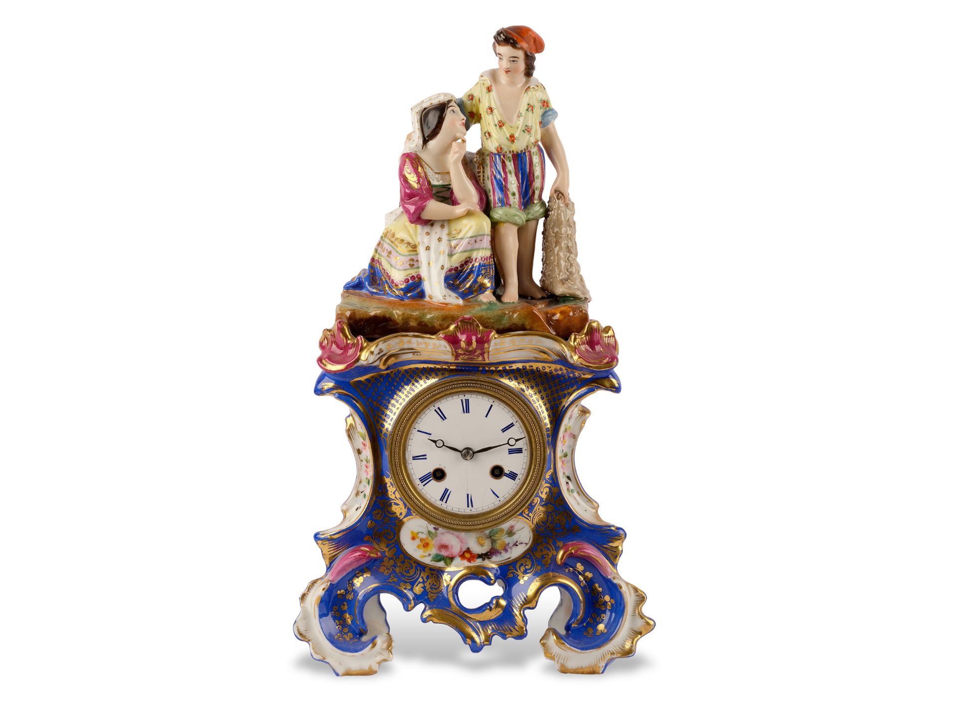 Fireplace clock, Biedermeier around 1840, White ceramic colorfully decorated, glazed and gilt  