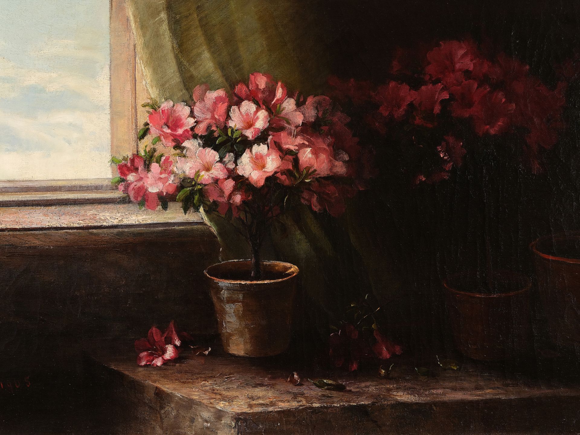 Hugo Charlemont, Jamnitz 1850 - 1939 Wien, Blumenstöcke am Fenster - Bild 3 aus 6