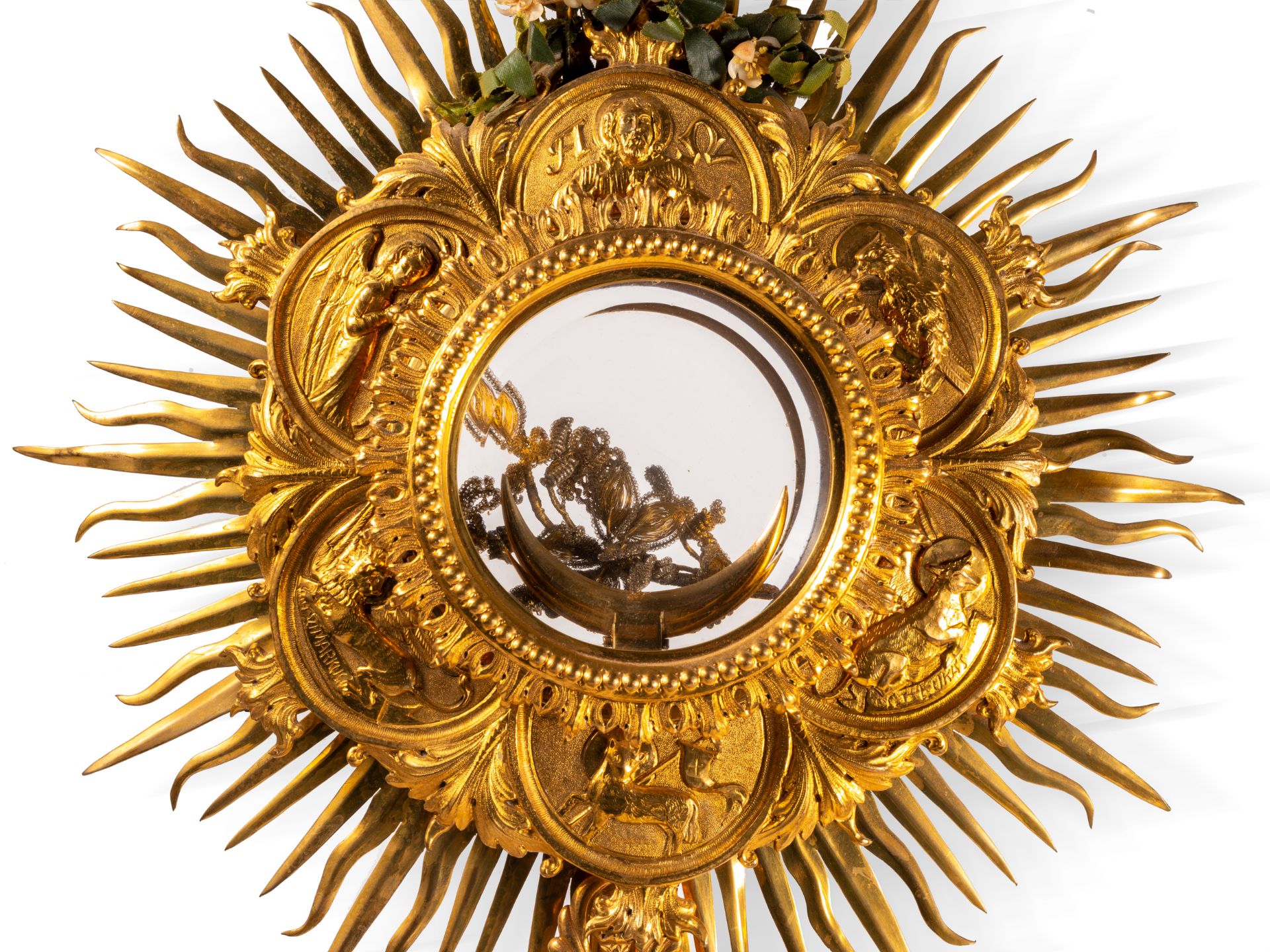 Monstrance, 19th century, Cast brass or bronze, handmolded and engraved - Image 2 of 7