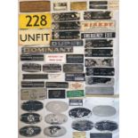 Quantity (50+) of bus alloy & plastic PLATES & small NOTICES etc. Includes Park Royal-Roe, MCW,