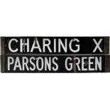 London Underground Q-Stock enamel CAB DESTINATION PLATE Charing X [Charing Cross]/Parsons Green on