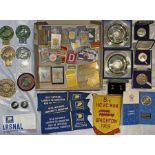 Box (c50 items) of 1960s onwards RALLY PLAQUES, BADGES, ARMBANDS, COMMEMORATIVE MEDALS etc including