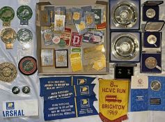 Box (c50 items) of 1960s onwards RALLY PLAQUES, BADGES, ARMBANDS, COMMEMORATIVE MEDALS etc including