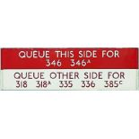 London Transport bus stop enamel Q-PLATE 'Queue this side for 346, 346A, Queue other side for 318,