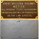 Great Western Railway (GWR) cast-iron TRESPASS SIGN of the small type: 'Notice - All Persons found