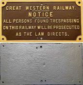 Great Western Railway (GWR) cast-iron TRESPASS SIGN of the small type: 'Notice - All Persons found