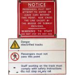 Pair of London Underground platform-end ENAMEL WARNING SIGNS, the first is the traditional 1930s/40s