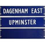 Trio of London Underground enamel PLATFORM INDICATOR DISPLAY PLATES: 'Dagenham East', 'Upminster'
