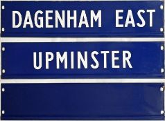 Trio of London Underground enamel PLATFORM INDICATOR DISPLAY PLATES: 'Dagenham East', 'Upminster'