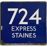 London Transport coach stop enamel E-PLATE for Green Line route 724 Express destinated Staines. With