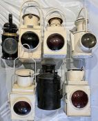 Quantity (7) of RAILWAY LAMPS etc of various types, mostly unmarked, a couple marked BR and LT.