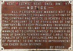 Great Western & Great Central Joint Railways (note abbreviated titles) cast-iron TRESPASS NOTICE