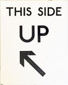 London Underground ENAMEL SIGN 'This Side Up' with arrow. Thought to be from Acton Town station,