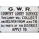 Great Western Railway (GWR) ENAMEL SIGN 'Country Lorry Service. This Lorry will collect and