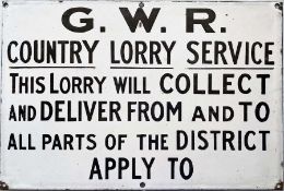 Great Western Railway (GWR) ENAMEL SIGN 'Country Lorry Service. This Lorry will collect and