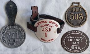 Selection (4) of BADGES & a PLATE comprising alloy driver lapel badges for Chatham Omnibus Driver