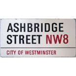 City of Westminster enamel STREET SIGN from Ashbridge Street, NW8, a residential street in