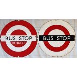 Pair of London Transport enamel 'DOLLY' BUS STOP PLATES, Compulsory and Request. 'Dolly' stops,