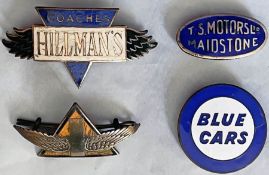 Selection (4) of pre-WW2 bus/coach CAP & LAPEL BADGES comprising Hillman's Coaches (no lugs on