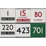 Quantity (6) of London Transport bus/coach stop enamel E-PLATES comprising routes 1 Fare Stage, 15