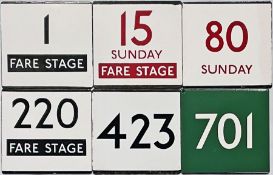Quantity (6) of London Transport bus/coach stop enamel E-PLATES comprising routes 1 Fare Stage, 15