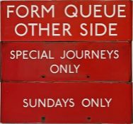 Trio of London Transport bus stop enamel G-PLATES comprising 'Form Queue Other Side', 'Special