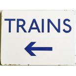 London Underground ENAMEL SIGN 'Trains' with left-facing arrow. Estimated 1960s/70s. A single-sided,