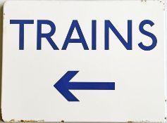 London Underground ENAMEL SIGN 'Trains' with left-facing arrow. Estimated 1960s/70s. A single-sided,