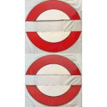 Two pairs of 1930s/40s London Underground enamel 'HALF-MOONS' from platform bullseye signs. Both