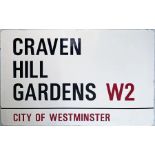 City of Westminster enamel STREET SIGN from Craven Hill Gardens, W2, a residential & hotels street