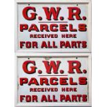 Great Western Railway (GWR) ENAMEL SIGN 'Parcels received here for all parts'. Double-sided,