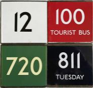 Selection (4) of London Transport bus/coach stop enamel E-PLATES, comprising routes 12, 100