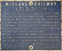 Midland Railway, LT&S Section (London, Tilbury & Southend line) cast-iron TRESPASS NOTICE. Dated